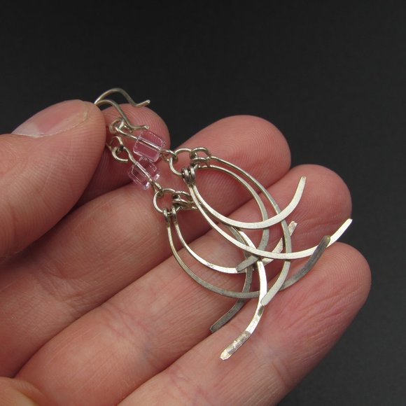 Sterling Silver Rustic Odd Pink Crystal Earrings - Picture 2 of 4